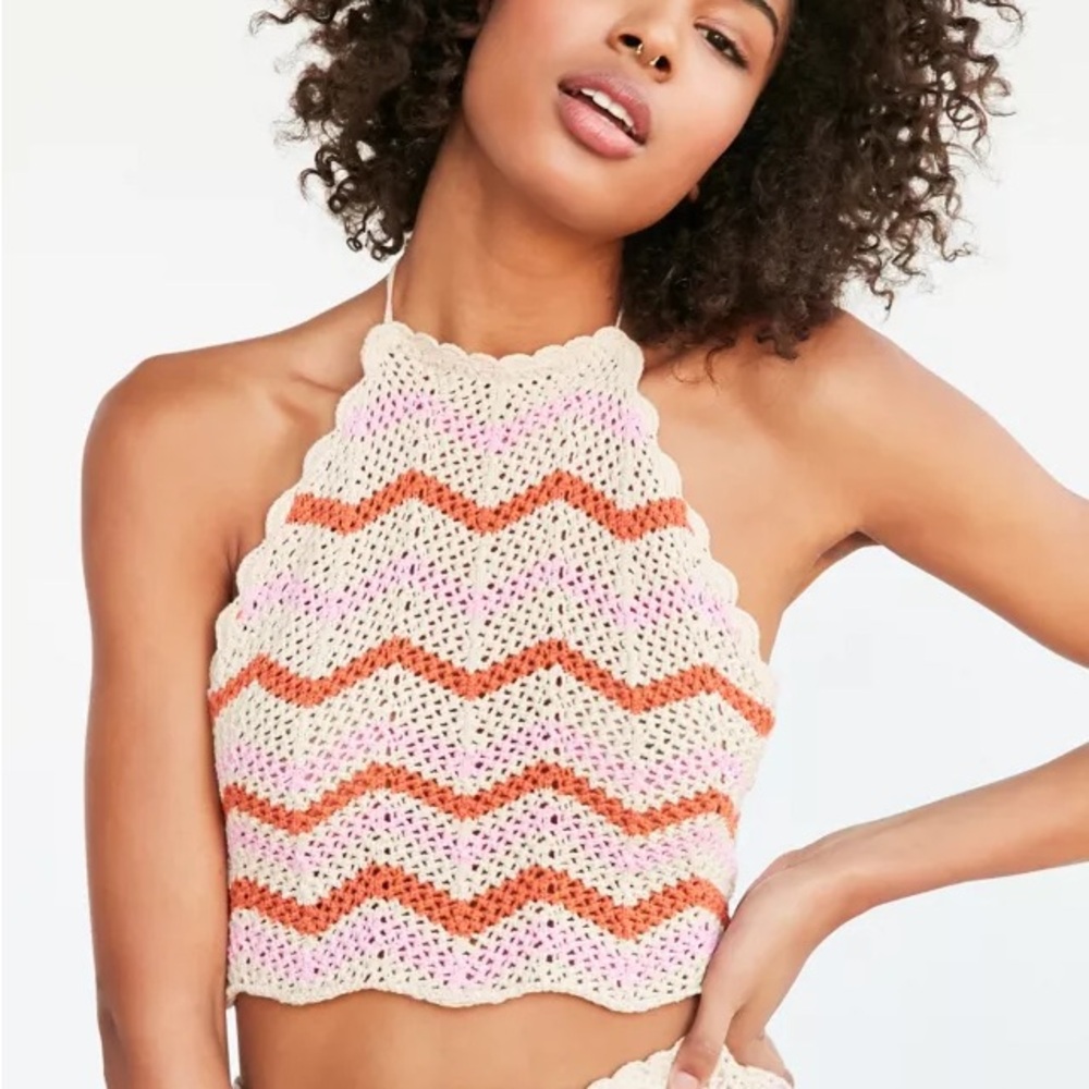 Boho 70s style knit crop halter top S